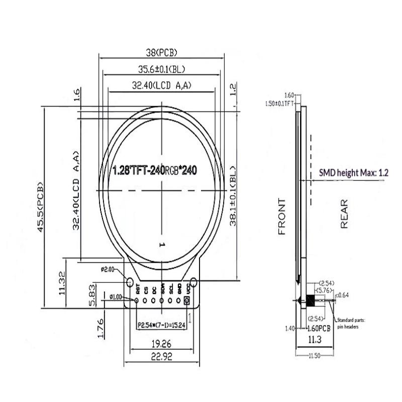 1.28 Inch 4 Wire SPI Interface TFT LCD Module Color Round Screen Display Adapter PCB Board RGB 240*240 GC9A01 Drive