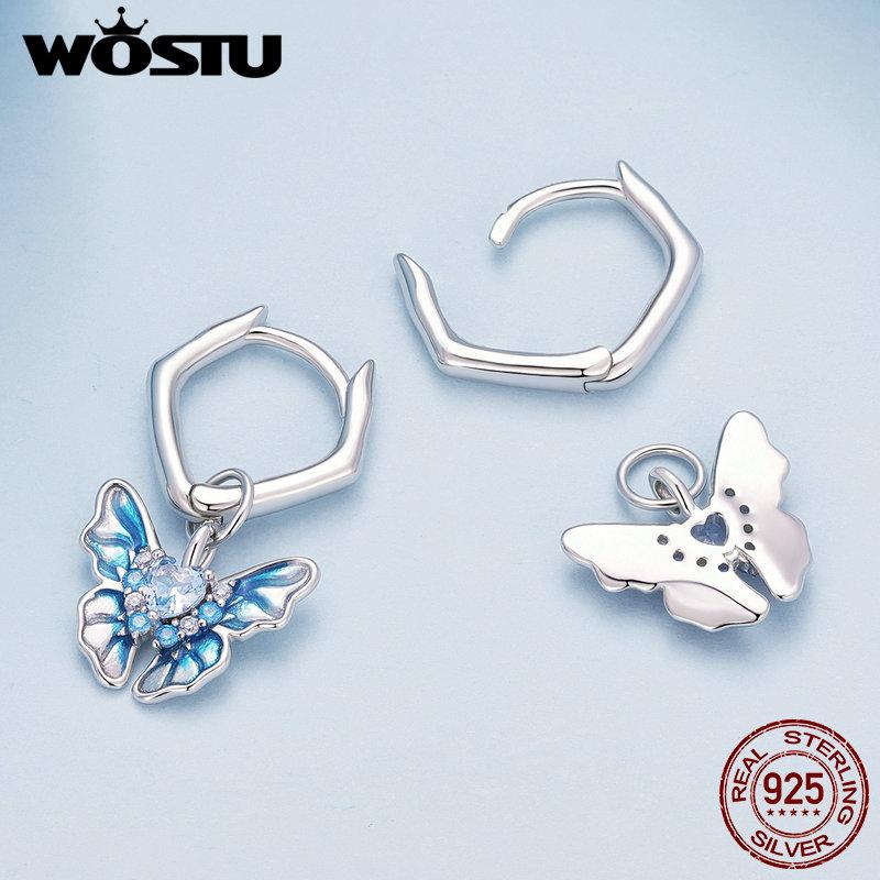 WOSTU 925 Sterling Silver Blue Butterfly Drop Hoop Earrings Women Dreamy Zircon oil printed Ear Clips Statement Wedding Jewelry