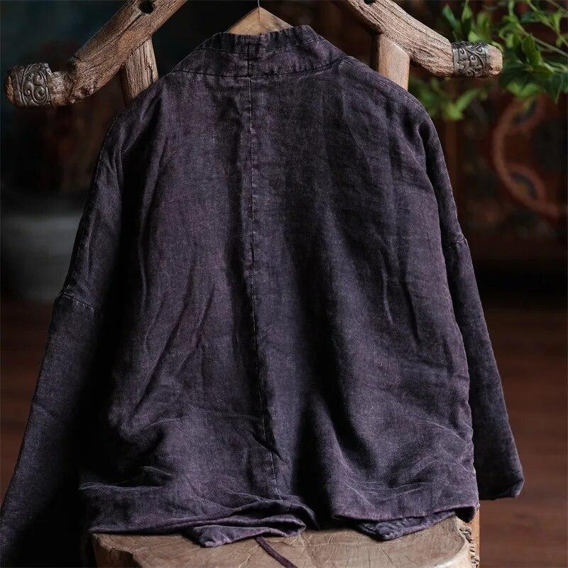 Johnature Women Vintage Belt V-Neck Parkas Long Sleeve Plus Cotton Coats Winter Dark Purple Women Linen Parkas