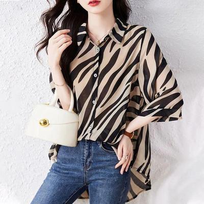 Women's Summer Design Seven-minute Sleeve Striped Sunscreen Chiffon Shirt Thin Section Belly-shading Blouse