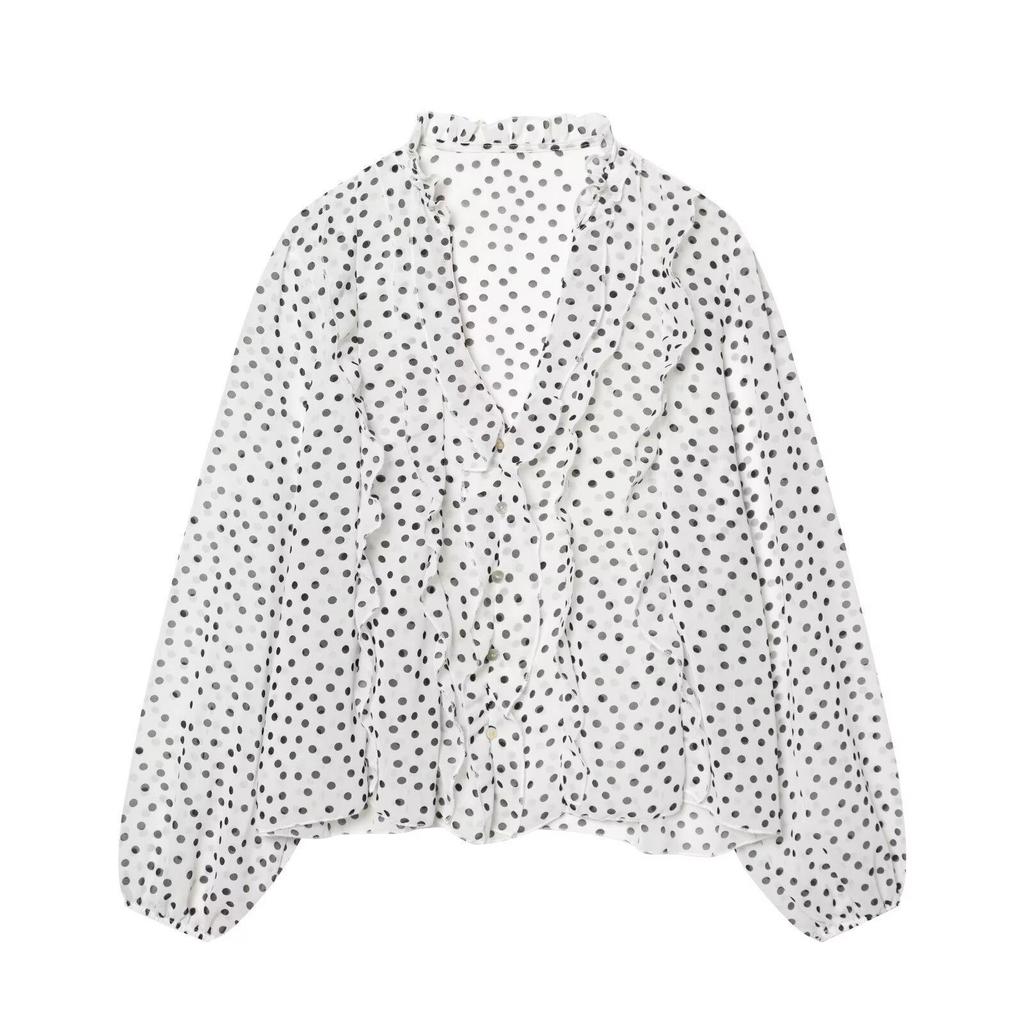 European Style 2026 Women's Polka Dot Ruffle Blouse