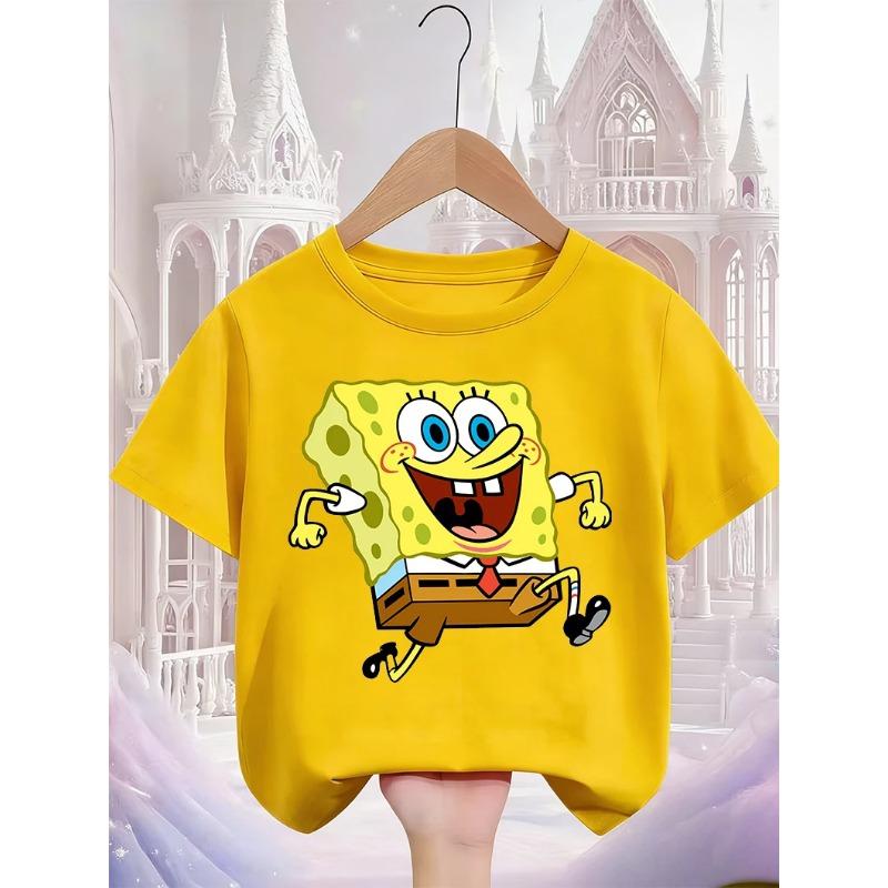 Summer Cute SpongeBob SquarePants Cartoon T Shirt 3-14Y Boys Girls Kawaii Fashion Street Hot Casual Crew Neck Kids