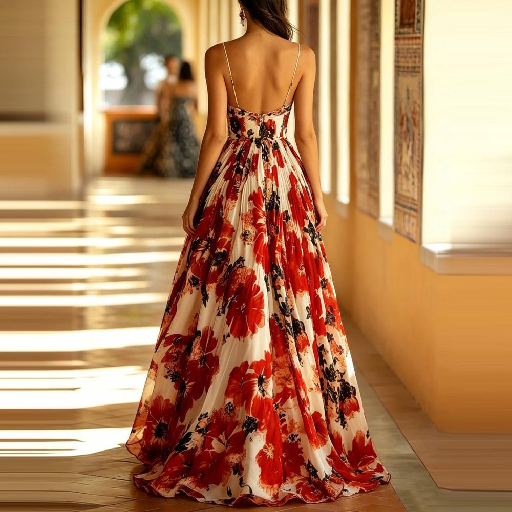 Summer New European and American Sleeveless Fashion Casual Suspender Sexy Printed Long Dress Dress