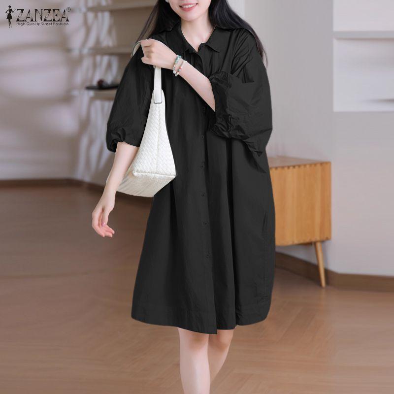 ZANZEA Women Casual Turn Down Collar Summer 3/4 Sleeve Dress