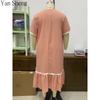 Women Nightgown Seersucker Floral Square Collar Short Sleeve Long Robe Loose Summer Loungewear Sleepwear