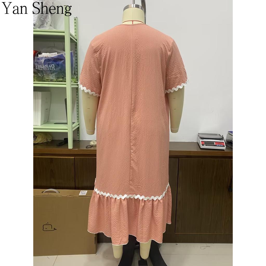 Women Nightgown Seersucker Floral Square Collar Short Sleeve Long Robe Loose Summer Loungewear Sleepwear
