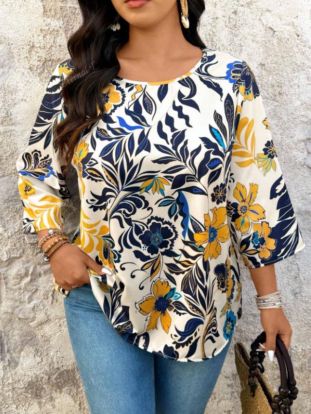 

2025 European & American Plus Size Women s Floral Print 3/4 Sleeve Casual T-shirt 1XL жёлтый