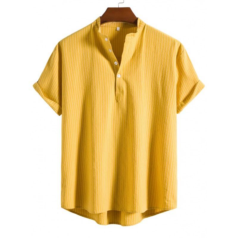 Men Summer Shirt Solid Color Stand Collar Men T-shirt Loose Buttons Short Sleeves Men T-shirt Simple Style Mid Length Men Top