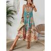 Robe d'été pour femme Nouvelle imprimée sans manches col en V Vacances à la plage Robe longue pour femme Mode Vintage col rond Décontractée ample Bohème pour femme Robes