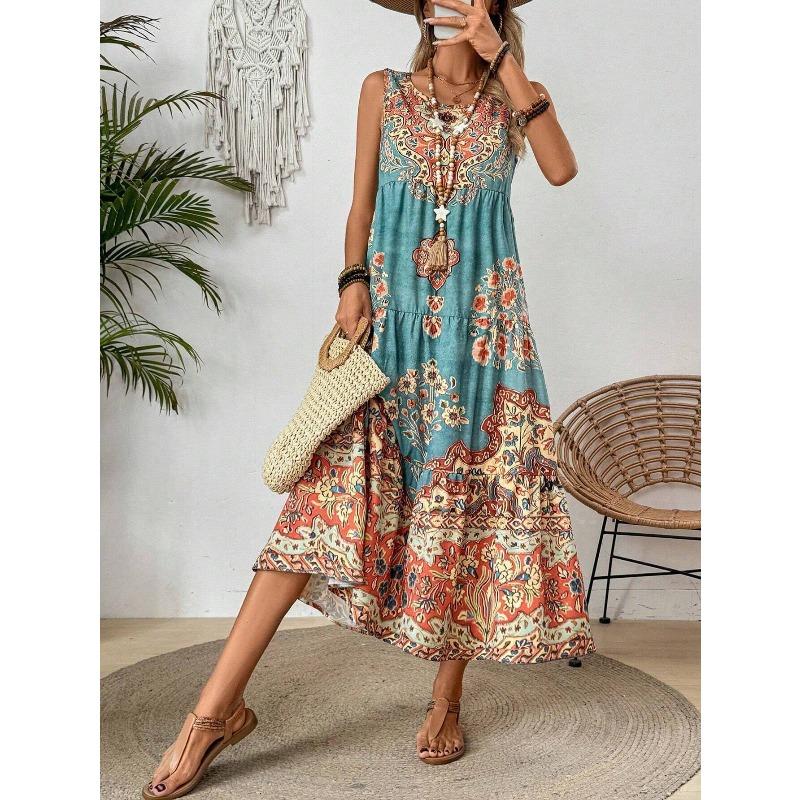 Robe d'été pour femme Nouvelle imprimée sans manches col en V Vacances à la plage Robe longue pour femme Mode Vintage col rond Décontractée ample Bohème pour femme Robes