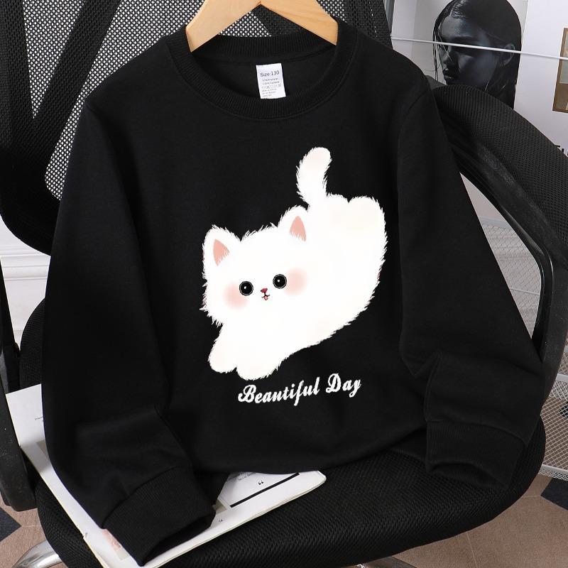 Kids Crew Neck Sweatshirt, Cute White Cat Beautiful Day Print, Soft Cozy Pullover for Autumn & Winter