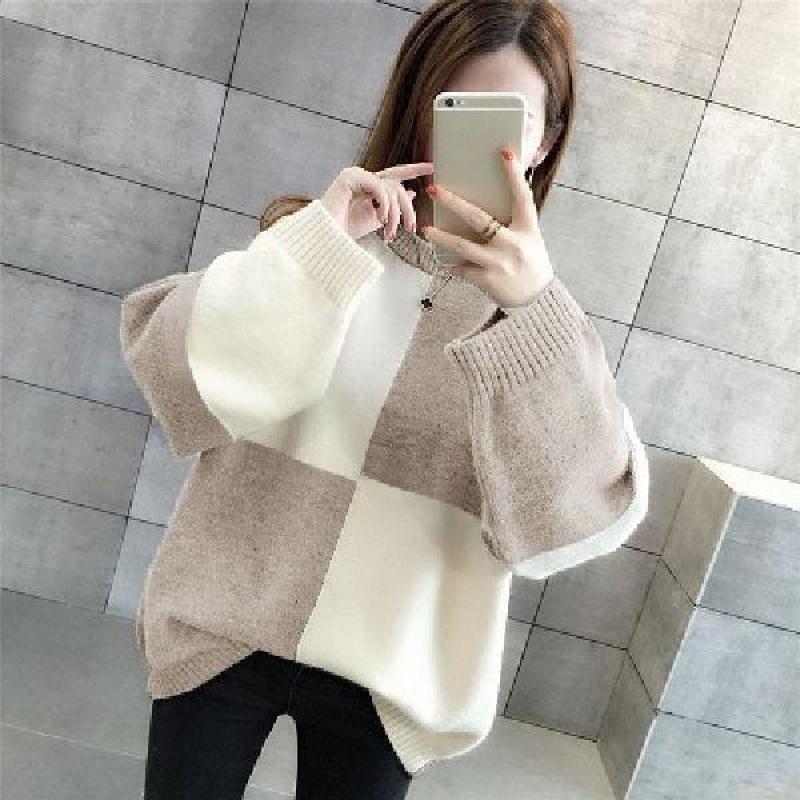 Autumn Winter Loose Pullover Sweater Top Women's Bottoming Contrast Knitted Sweaters