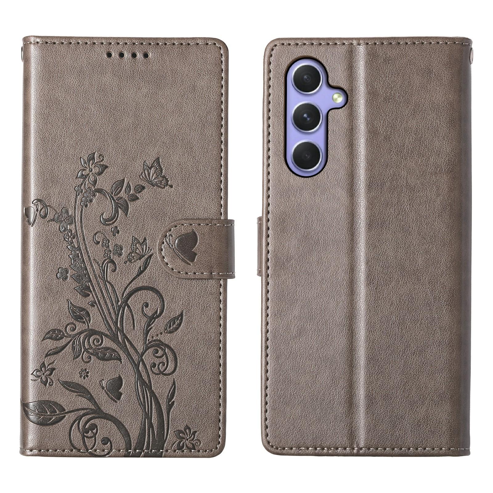 

For Samsung Galaxy A16 5G/4G Wallet Case Butterfly Floral Imprint PU Leather Phone Cover with Wrist Strap Grey