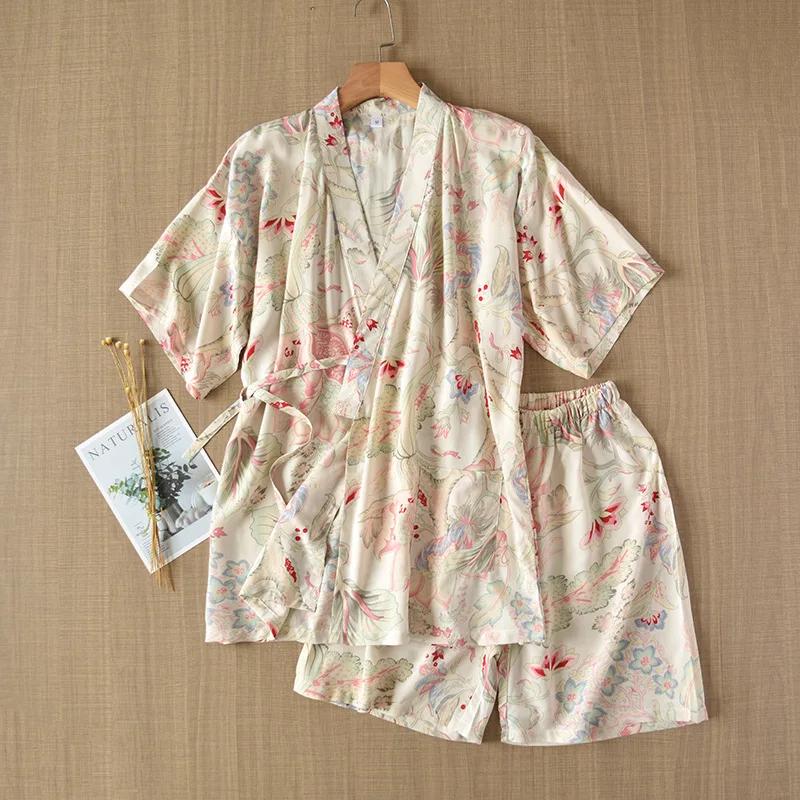 Cropped Sleeved Shorts Summer Women's Pajama Set Home Clothing Kimono Set Women's Pink Pajama Set