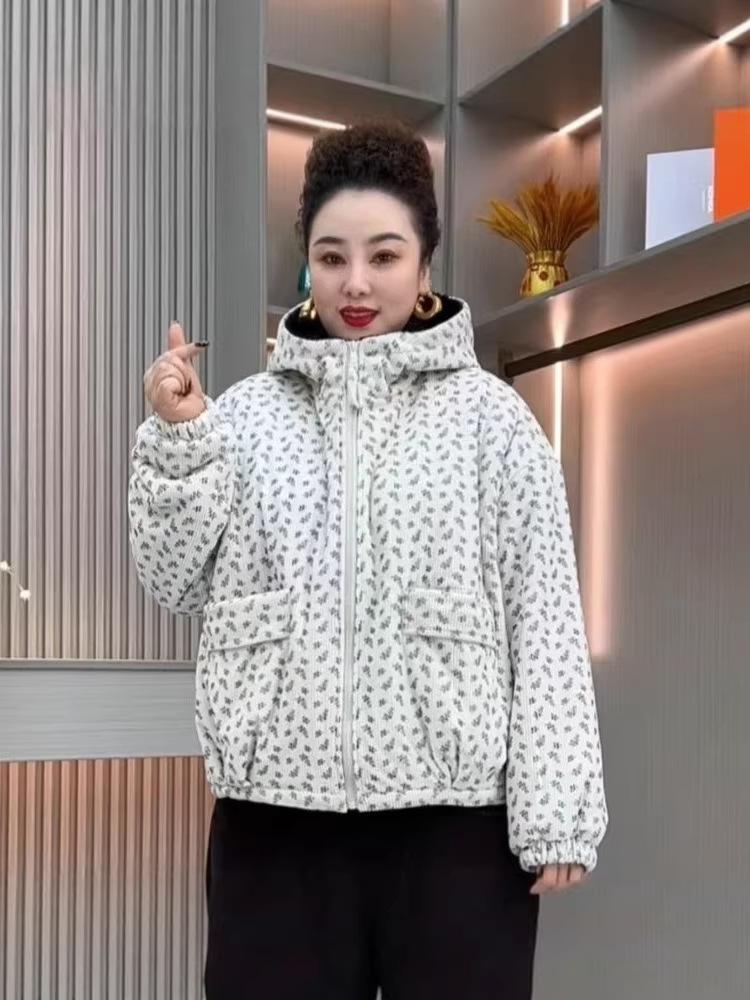 Stylish Floral Print Corduroy Hooded Coat with Velvet Lining and Large Pockets for Middle-Aged and Elderly Women