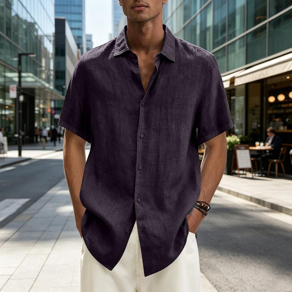 Men's Short Sleeve Button Down Shirt Lightweight Linen Blend Casual Loose Fit Summer Top with V Neck Collar