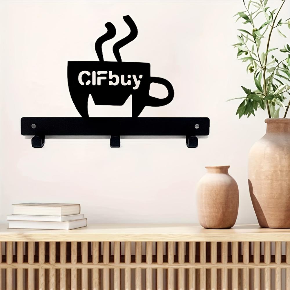 1pc Metal Key Holder Hooks Organizer Rack Wall Mounted Decor, Metal Coffee Cup Rack with Coffee Sign for Bar Kitchen Organizer