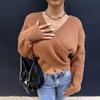 2026 Autumn Winter Solid Color V-Neck Cut-out Knit Sweater with Long Sleeves
