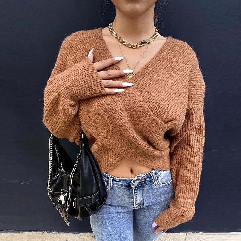 2026 Autumn Winter Solid Color V-Neck Cut-out Knit Sweater with Long Sleeves