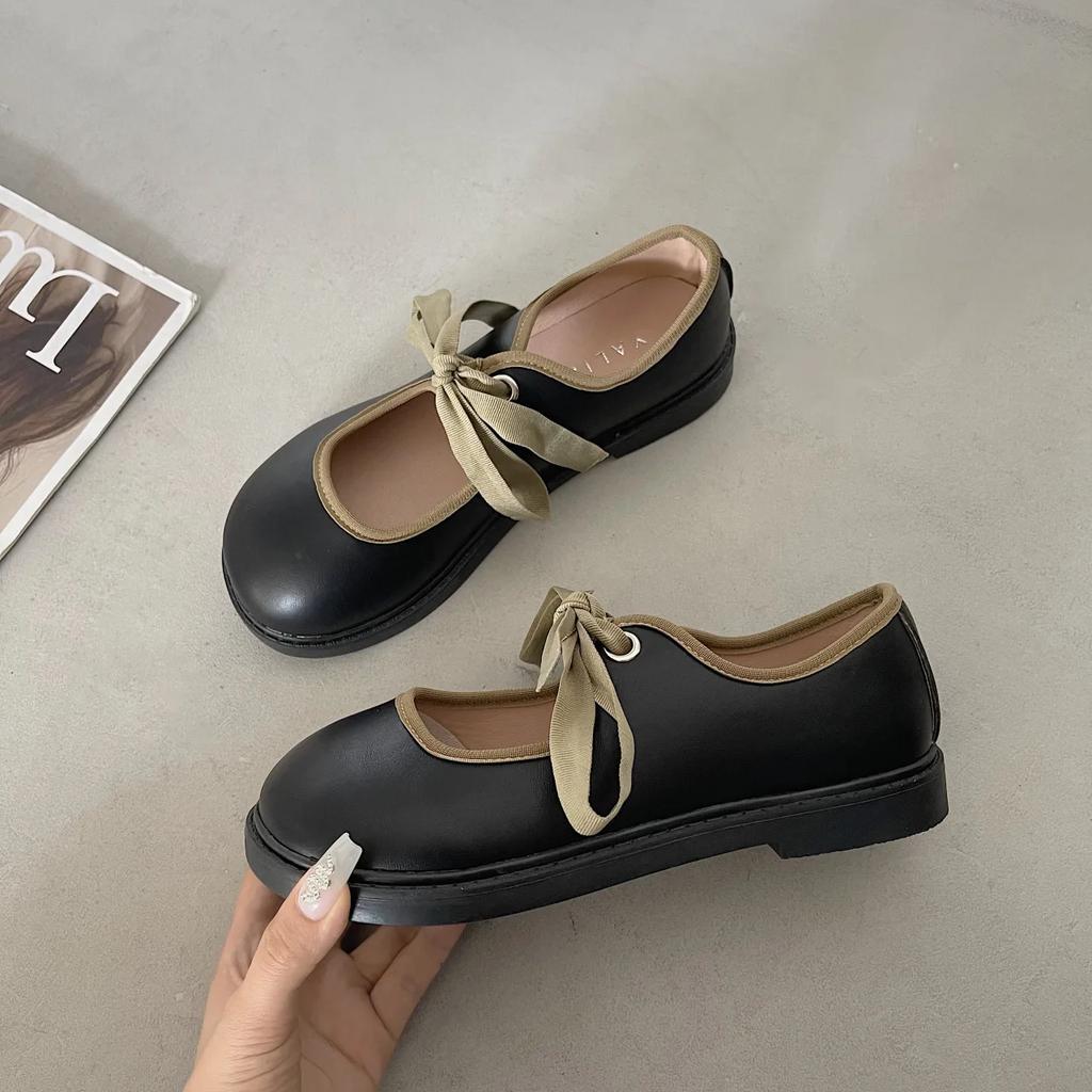 Zapatos Mary Jane vintage para mujer, con punta redonda, suela plana, color marrón, informales, con cordones y tacón bajo, de cuero para estudiantes.
