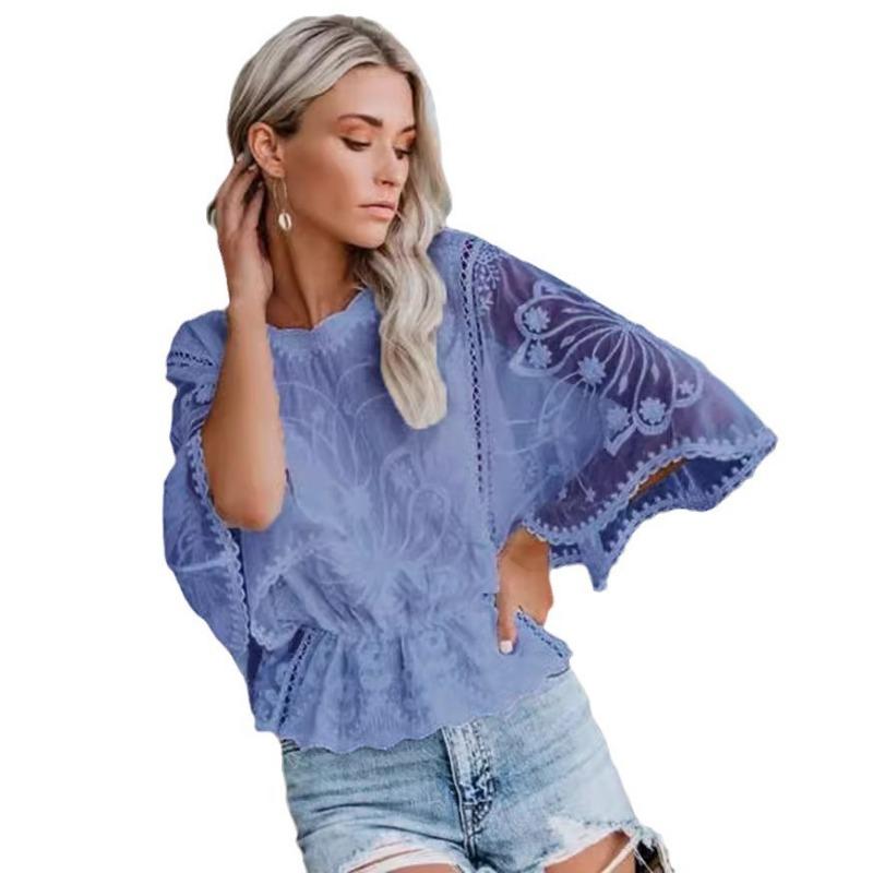 Nuova Moda Pizzo Estate Camicetta Donna Manica Corta Larga Camicia Manica a Pipistrello Top Larghi da Donna Scollo a O Tinta Unita Elegante Slim Fit Abbigliamento da Ufficio
