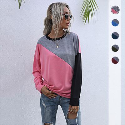 Casual Comfort and Versatility Early Fall Loose Pink Splicing Round Neck Long-sleeved Bottoming Sweater Women