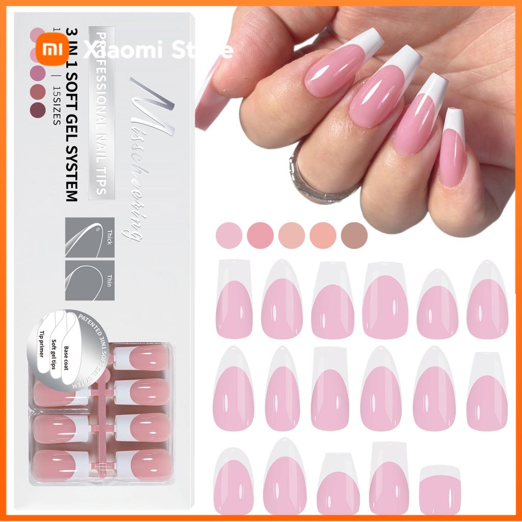 Xiaomi 150PCS Coffin Almond Soft Gel Press On Nails 3 In 1 French Nail Tips Removeable 15 Sizes of Nail Art With Design DIY False Nails