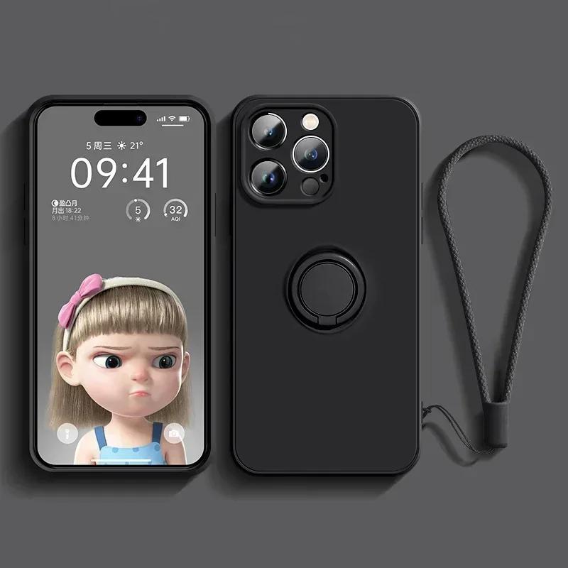 Liquid Silicone Case For 17 16 16e 15 13 Mini 14 12 11 Pro Max Plus Phone Holder Ring Stand Protect Cover Wrist Strap