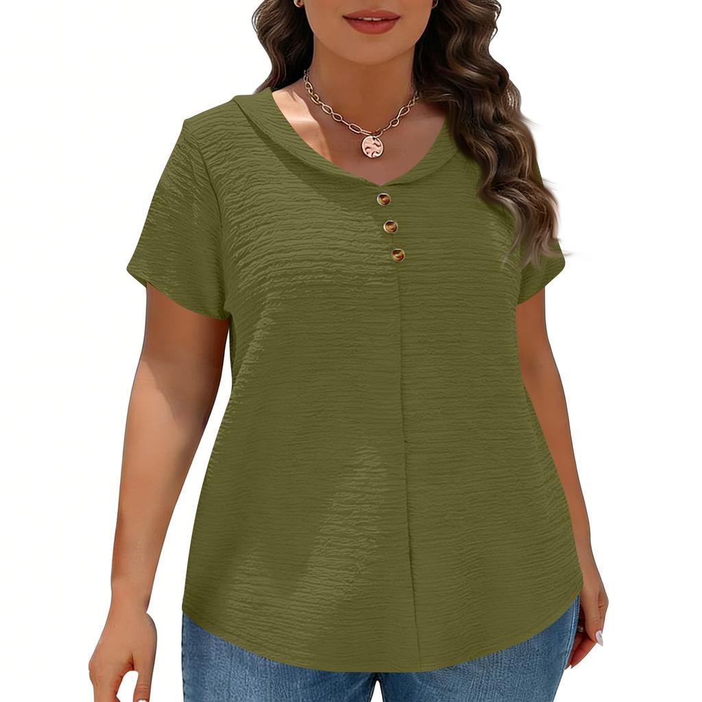 Women’s Short Sleeve Blouse with V Neck and Decorative Buttons Loose Fit Casual Top for Daily Wear