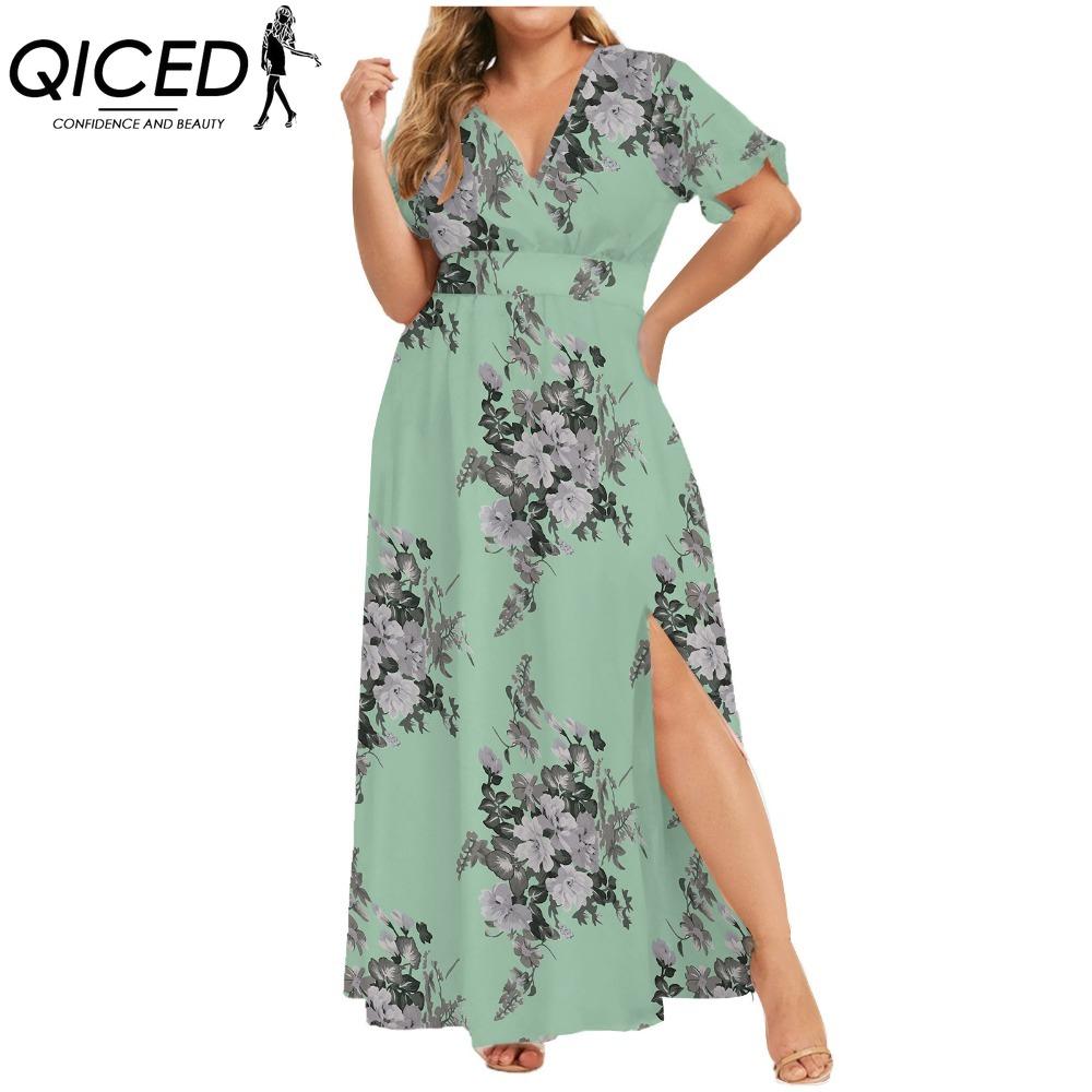 QICED L-5XL Dame Mote Sommer Vår Kortermet V-hals Hverdags Kjoler