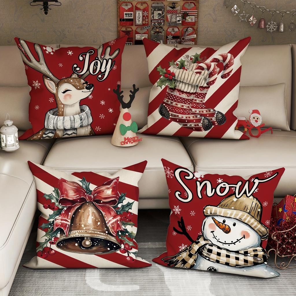 Christmas Decoration Pillowcase Fawn Snowman Bell Socks Christmas Stick Pattern Suitable for Home Room Sofa Cushion Cover