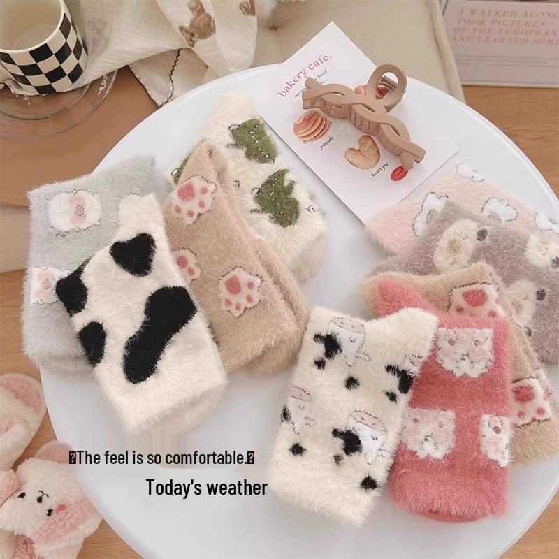 Cozy Cartoon Mink Velvet Socks - Fluffy Warmth for Autumn & Winter, Perfect for Home, Sleep & Postpartum Comfort.