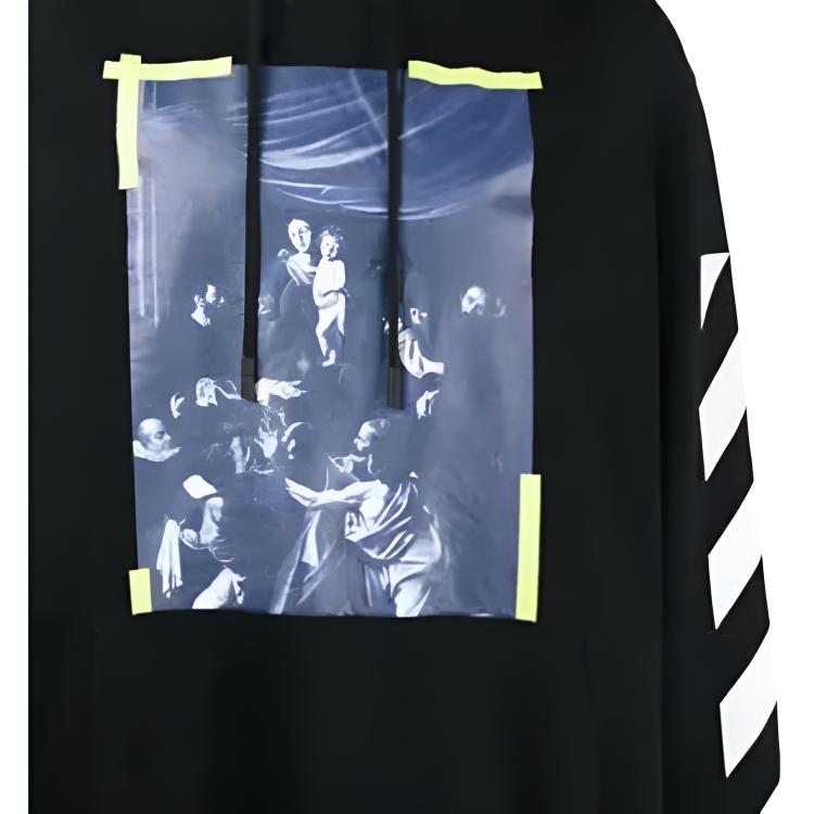 Off-White Yellow Striped Character Oil Painting Hoodie Long Sleeve Sweatshirt Men Tops Black OMBB003F170030161001