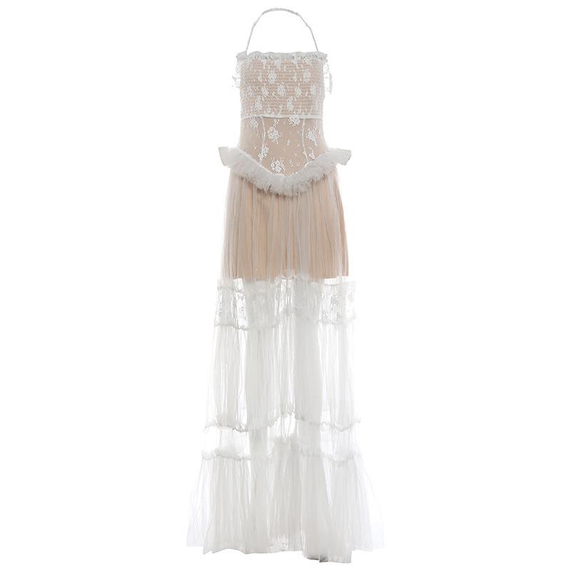 2026 European and American New Water Gloss Yarn Lace Jacquard Splicing Long Neck Yarn Dress Printed Fairy Skirt