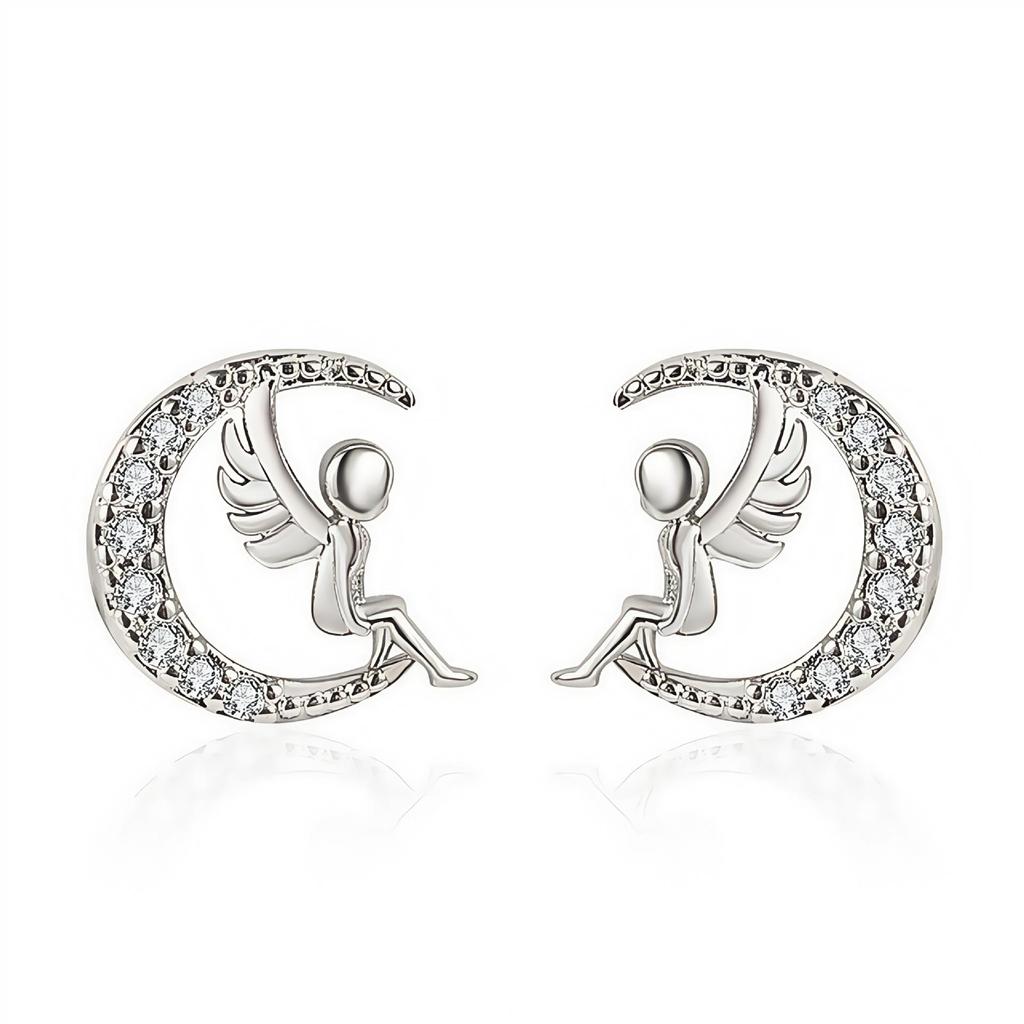 S925 Silver Angel Wing Moon & Heart Stud Earrings - Korean Winter Style