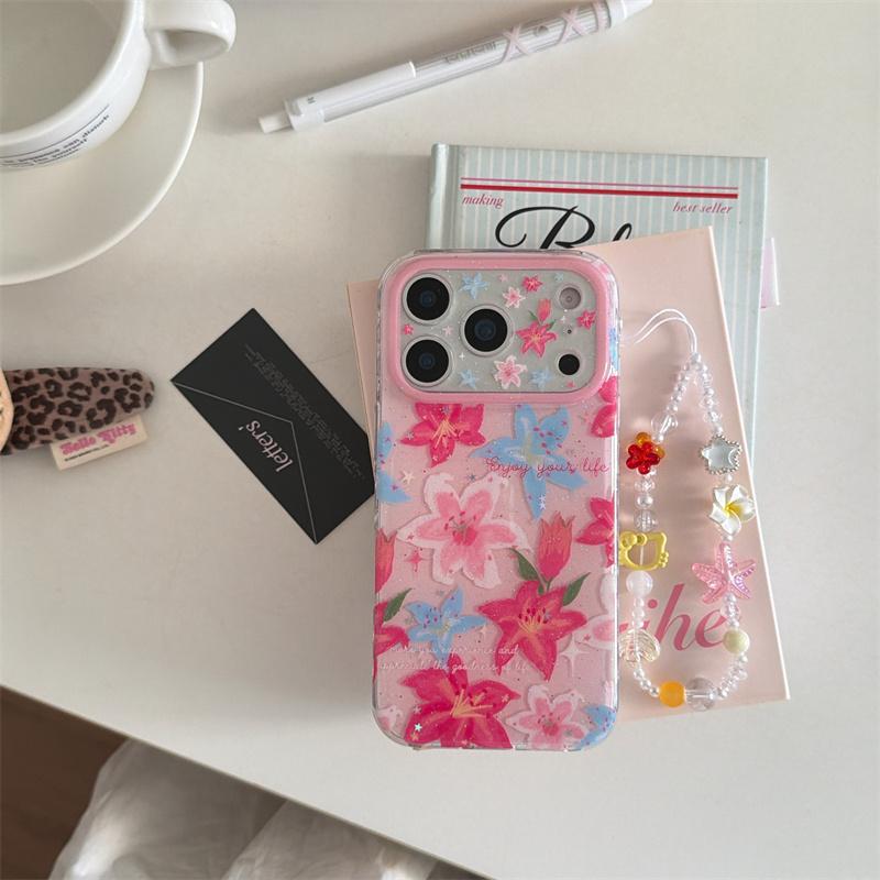 Kawaii Pink Blue Lily Floral Glitter Phone Case With Colorful Beaded Wrist Strap For iPhone 14 15 16 17 Pro Max INS Sweet Style