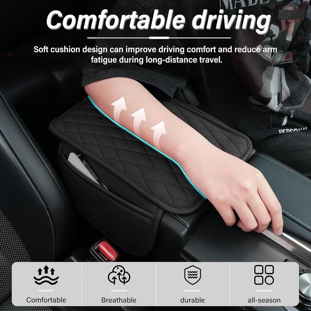 Amiss Car Center Console cover,Upgraded Leather Car Armrest pad,Belt 2 A Storage pocket,Universal Waterproof pad,Anti-slip Car Interior