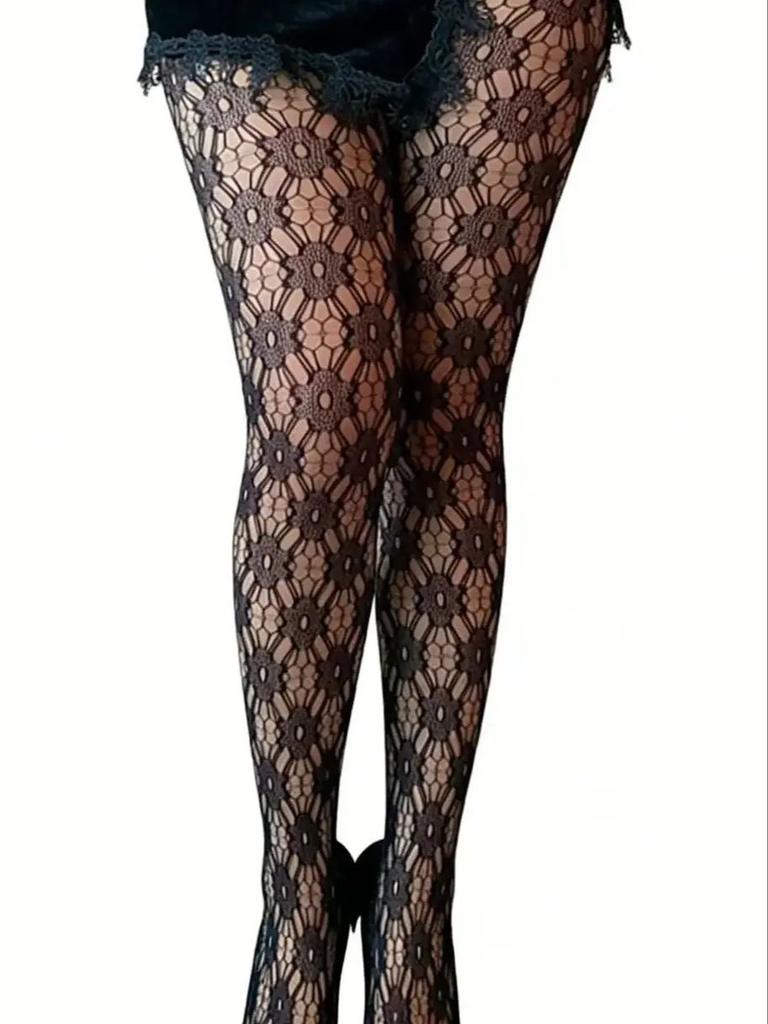 1-Pair Pack Women'S Black Summer New Arrival Sexy E-Girl Floral Cutout Fishnet Pantyhose Perfect For Party