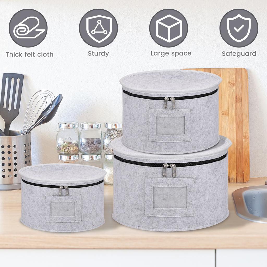 3 Pcs Felt Cloth Tableware Storage Bag with Dividers Stackable Dustproof China Bowl Dish Plate Storage Containers with Zipper