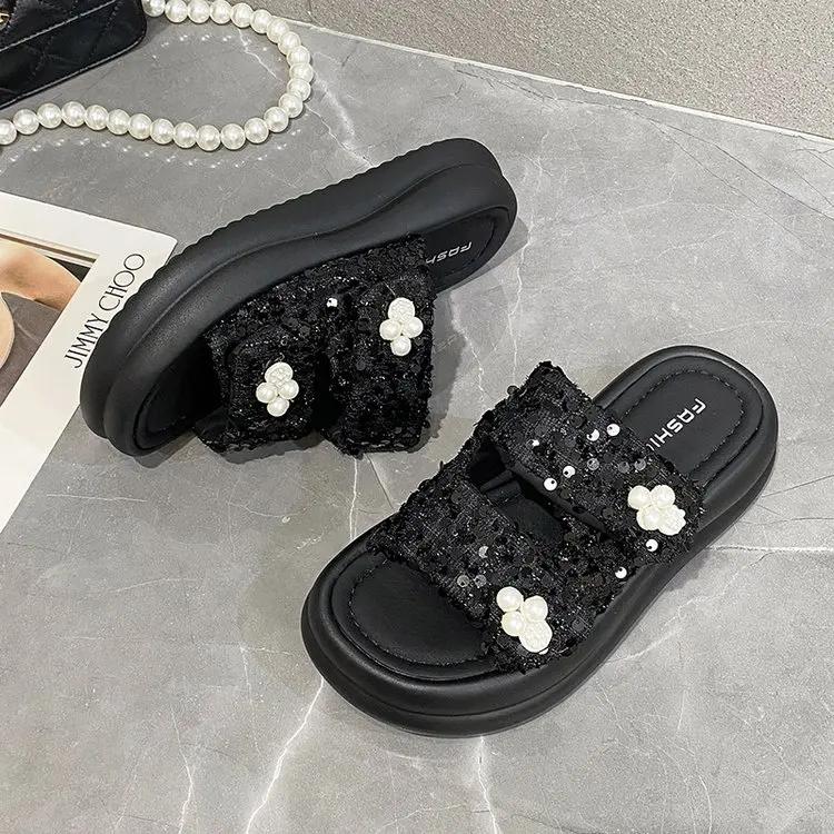 Summer Outside Modern Slippers Mid Heel Flat with Ladies Shoes 2024 High Quality Solid Shallow Novelty Women's Slippers Chinelos