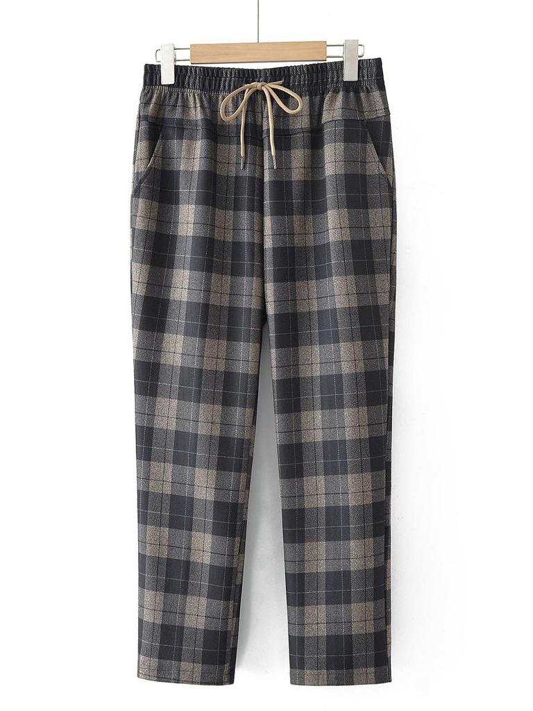 Spring Style Fashionable Plaid Elastic High Waist Pants for Middle-aged and Elderly Women