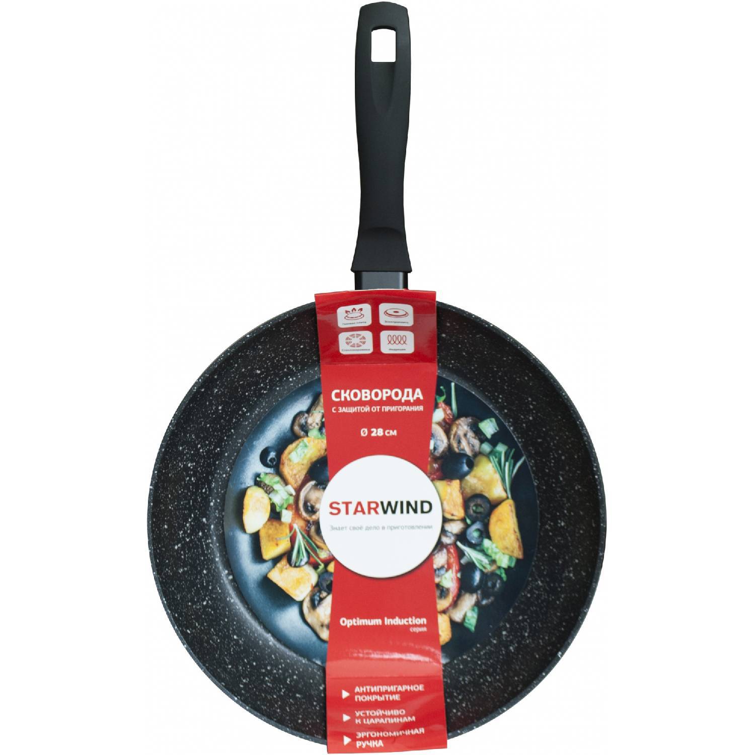 

Сковорода без крышки Starwind Sw-opi2028 Круглая 28см Покрытие Xylan Plus Несъемная ручка без крышки Черная