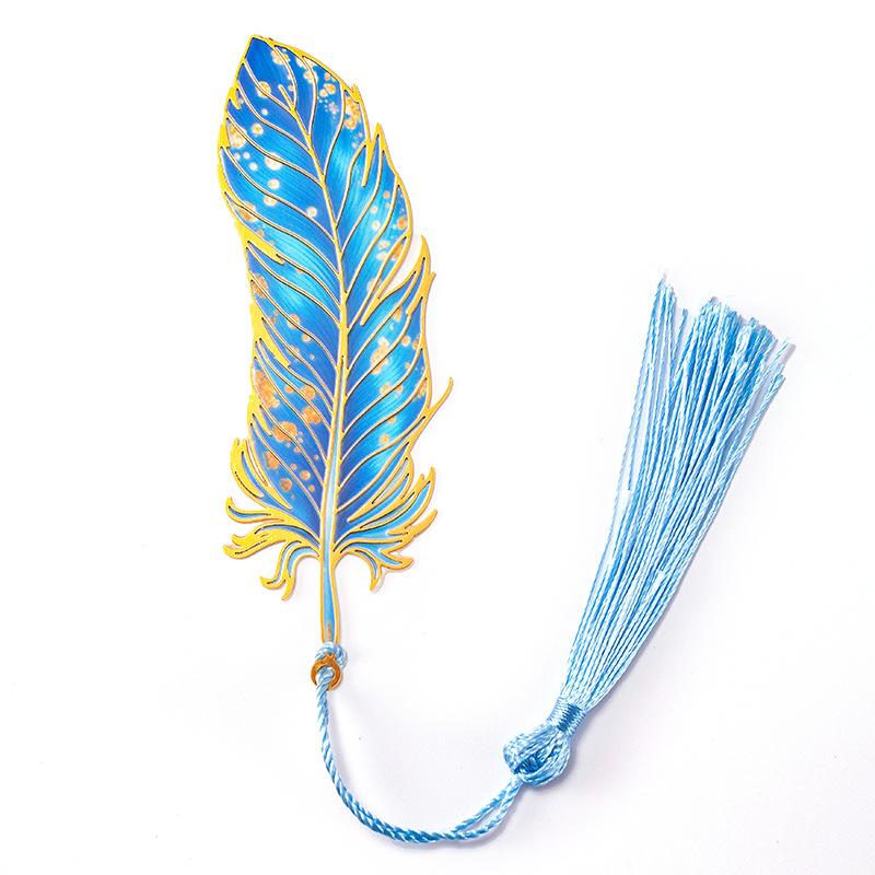 Authentic Chinese-style Metal Translucent Peacock Feather, Blue Feather, Pink Feather, and Red-Golden Feather Bookmarks. a High (Blue,3*9cm)