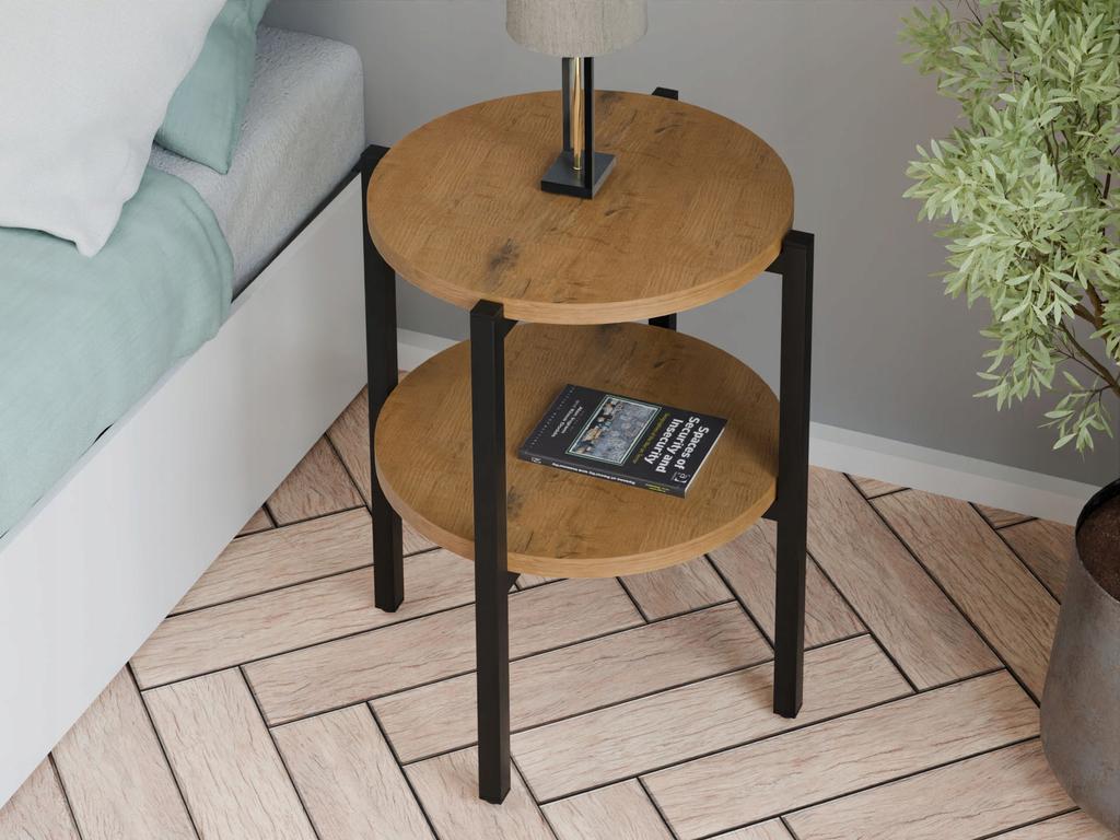 Stolik Nocny Okrągły Loft Z Półką 35X35X46 Cm Metalowy Czarny