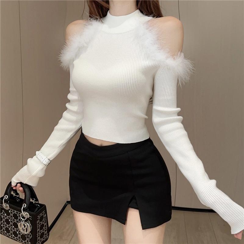 Women's Off-the-Shoulder White Knit Top – Fur Patchwork, Slim Fit, Long Sleeve, Autumn/Winter