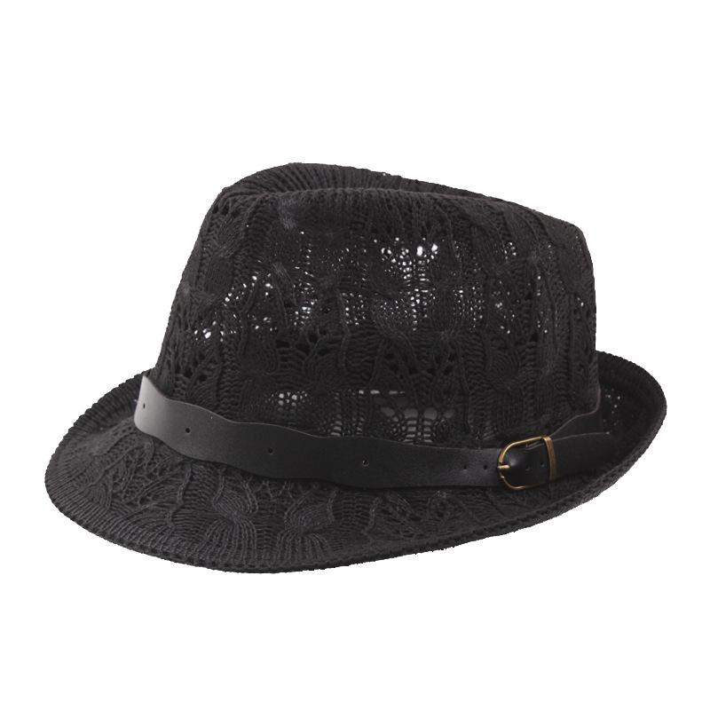 Summer Women's Knitted Mesh Breathable Curled Jazz Hat Leather Belt Panama Hat