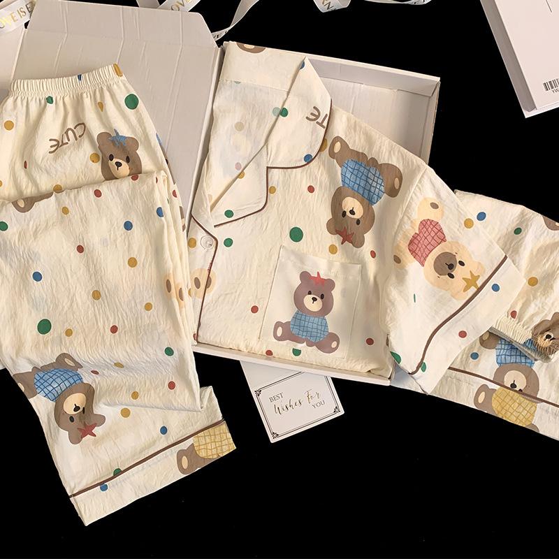Color Polka Dot Bear Pajamas Women'S Summer Cloud Cotton Short-Sleeved Three-Piece Casual Thin Loungewear