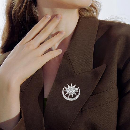 Zinc Alloy Brooch Pin, Moon Star Shape Lapel Badge with Rhinestones Inlaid, Decorative Collar Pin for Sweaters Collars Hats Bags Coats Scarves
