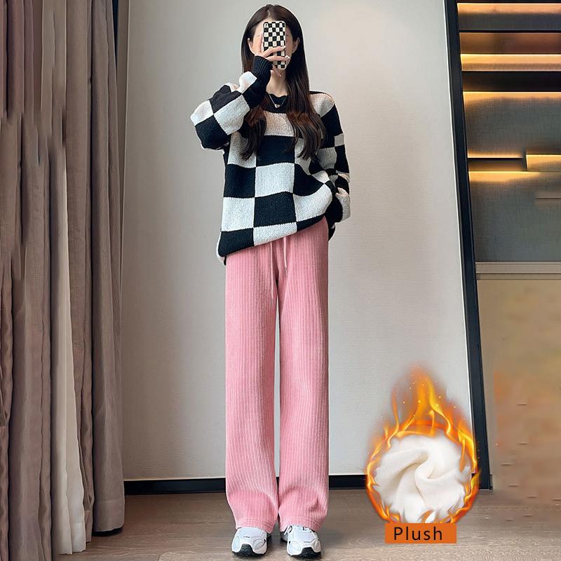 Autumn WInter Women's Corduroy High Waist Thickened Velvet Loose Casual Pants Women Plush Wide Leg Pants