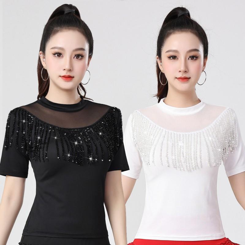 Womens Latin Dance Top Practice Performance Ballroom Dancewear Milk Silk Stretch Fit